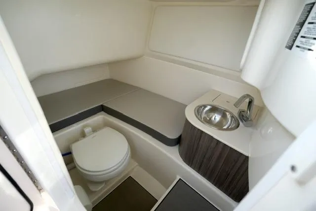 Slide: The Image of 2025 Sea Ray SDX 270 boat interior with compact bathroom and sink. - 17