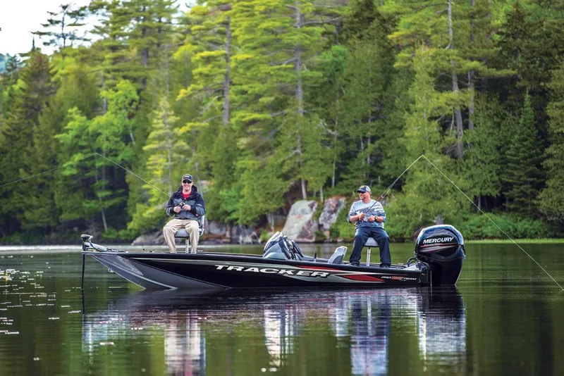 Slide: The Image of 2020 Tracker Pro Team 195 TXW fishing boat with gray interior and red exterior. - 2