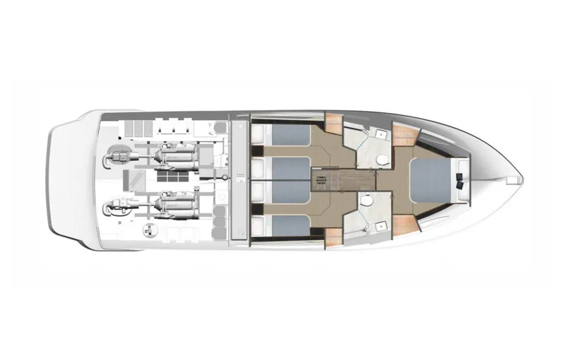 Slide: The Image of 2024 Riviera 465 SUV yacht floor plan, showcasing engine room and cabin layout. - 48