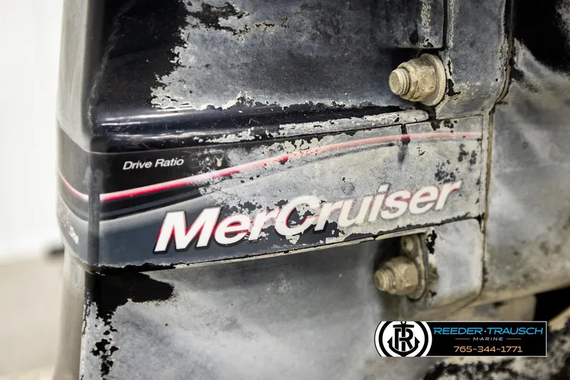 Slide: The Image of Close-up of a weathered MerCruiser engine part on a 2006 Sun Tracker Party Barge. - 41