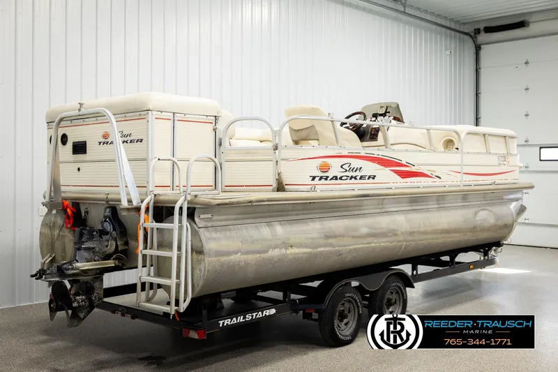 Slide: The Image of 2006 Sun Tracker Party Barge 22 Regency Edition on trailer in indoor storage. - 5