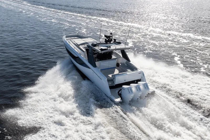 Slide: The Image of 2026 Azimut Verve 42 yacht cruising swiftly on open water. - 10