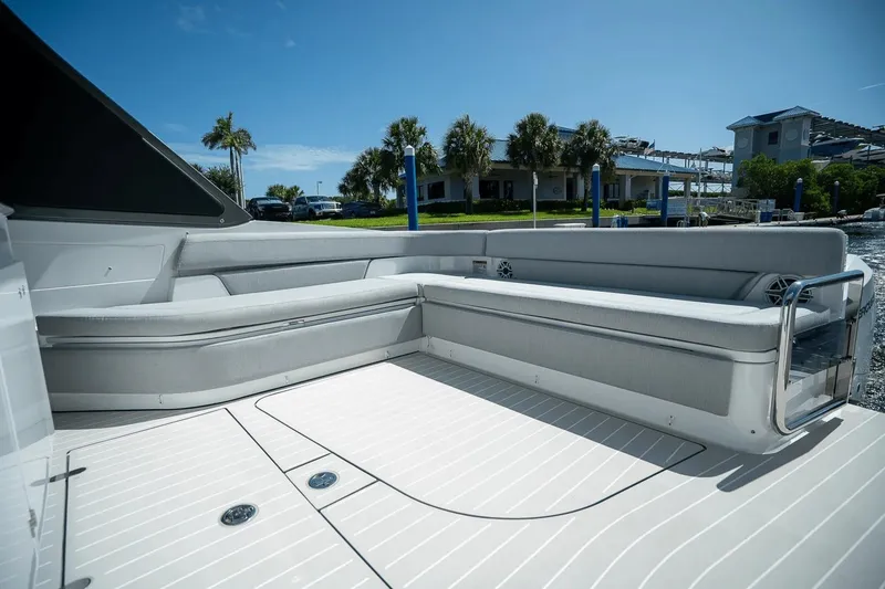 Slide: The Image of 2026 Azimut Verve 42 yacht deck with sleek seating and modern design. - 14