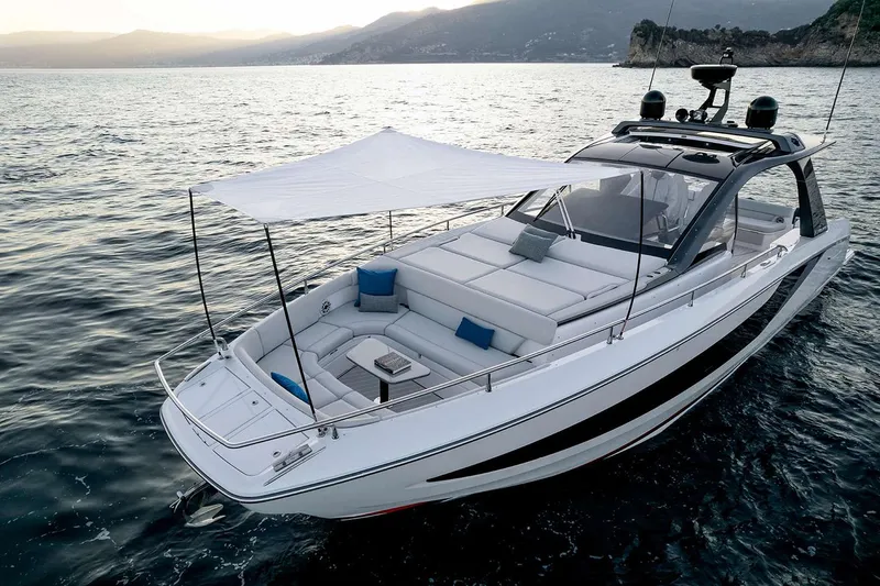 Slide: The Image of Manufacturer Provided Image: 2025 Azimut Verve 42 yacht on serene water with elegant design and sunshade. - 38