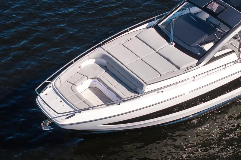 Slide: The Image of 2026 Azimut Verve 42 luxury yacht on calm water, showcasing sleek design and spacious deck. - 39