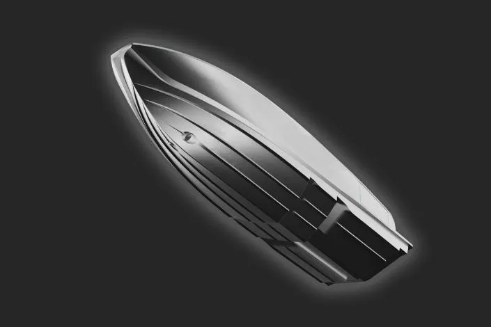 Slide: The Image of 2026 Azimut Verve 42 boat hull design, sleek and modern, on a dark background. - 43