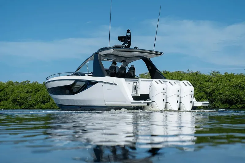 Slide: The Image of 2026 Azimut Verve 42 yacht cruising on calm water, showcasing sleek design and powerful engines. - 5