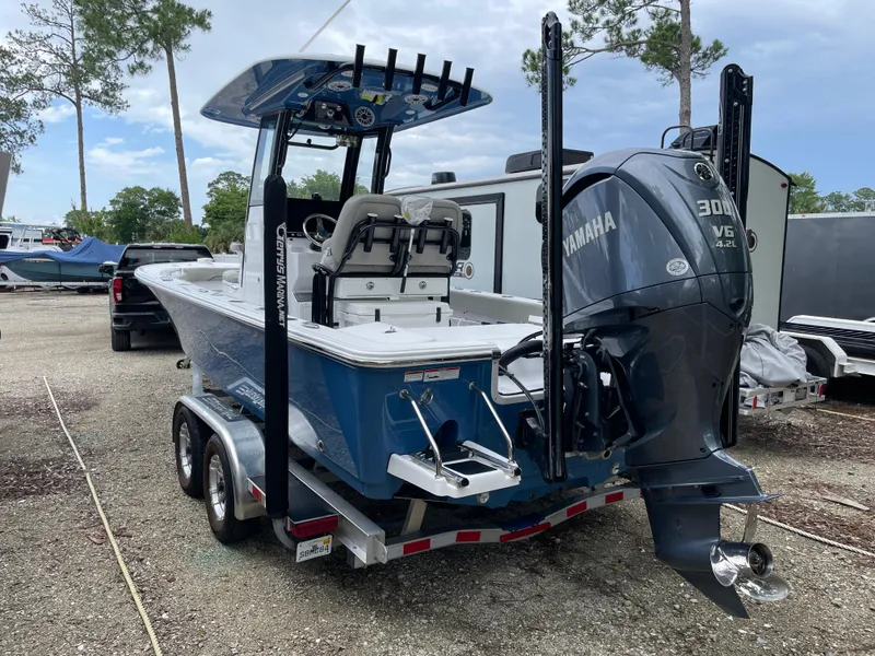 Slide: The Image of 2022 Sportsman Masters 247OE Bay Boat with Yamaha 300 V6 engine on trailer. - 3