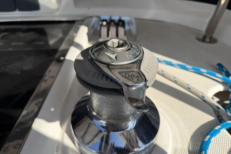 Slide: The Image of Close-up of a winch on a 1999 Hunter Passage 420 sailboat deck. - 18