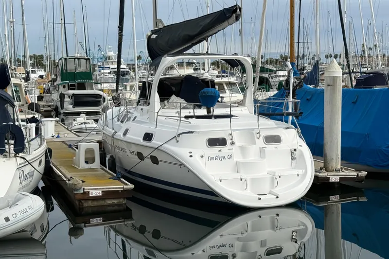 Slide: The Image of Sailboat "Hunter Passage 420" docked in San Diego marina, 1999 model. - 2