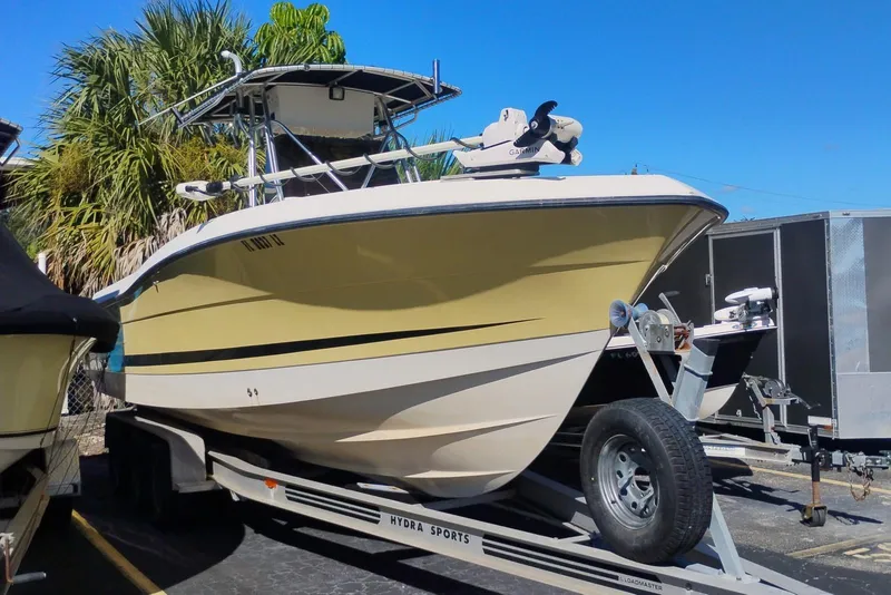 Slide: The Image of 2003 Hydra-Sports Vector 2600 CC boat with Yamaha four-stroke engine on trailer. - 2