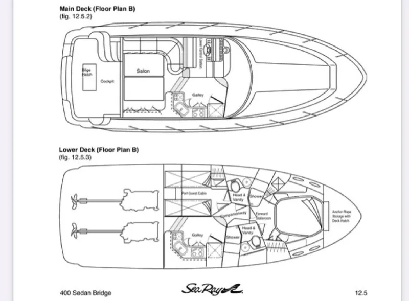 Slide: The Image of Floor plan of 1996 Sea Ray 400 Sedan Bridge, main and lower decks layout. - 46