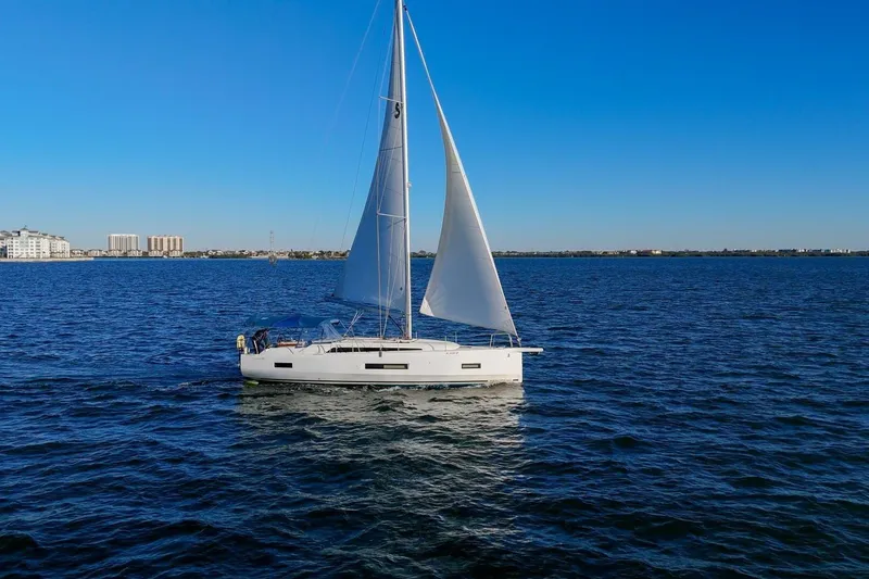 Slide: The Image of Sailing yacht Beneteau Oceanis 40.1, 2022 model, cruising on open water under clear blue skies. - 123