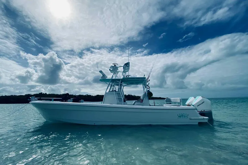 Slide: The Image of 2023 Andros Offshore 32 boat on clear water under a cloudy sky. - 2