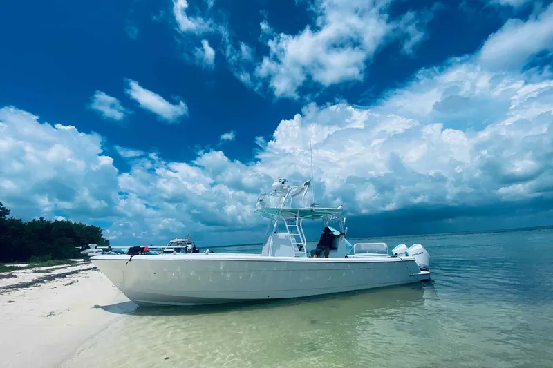 The Image of 2023 Andros Offshore 32 boat on sandy beach under cloudy sky. - 0