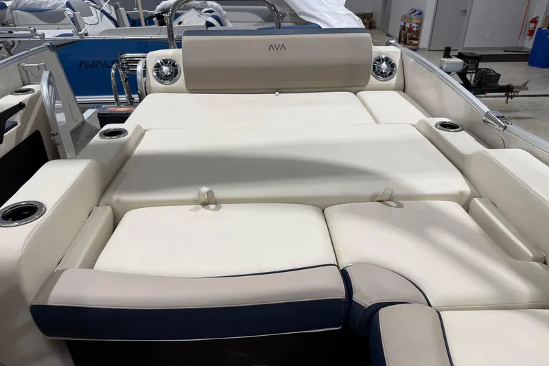 Slide: The Image of 2025 Avalon 2585 Catalina VRL boat interior with spacious seating and cup holders. - 10