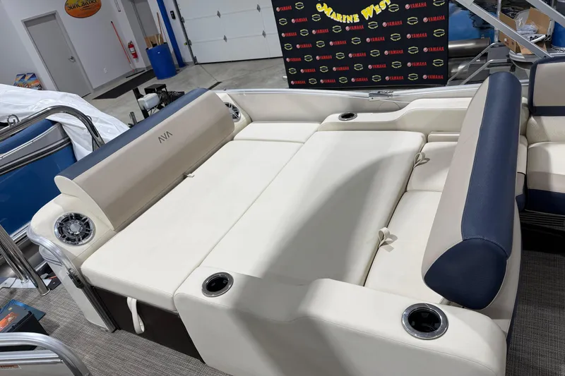 Slide: The Image of 2025 Avalon 2585 Catalina VRL boat interior with luxurious seating and cup holders. - 8