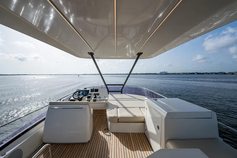 Slide: The Image of Luxurious 2019 Prestige 460 yacht deck with seating, overlooking serene waters. - 28