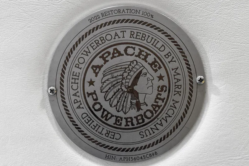 Slide: The Image of Plaque of 1998 Apache 36 Warrior powerboat, restored in 2022 by Mark McManus. - 19