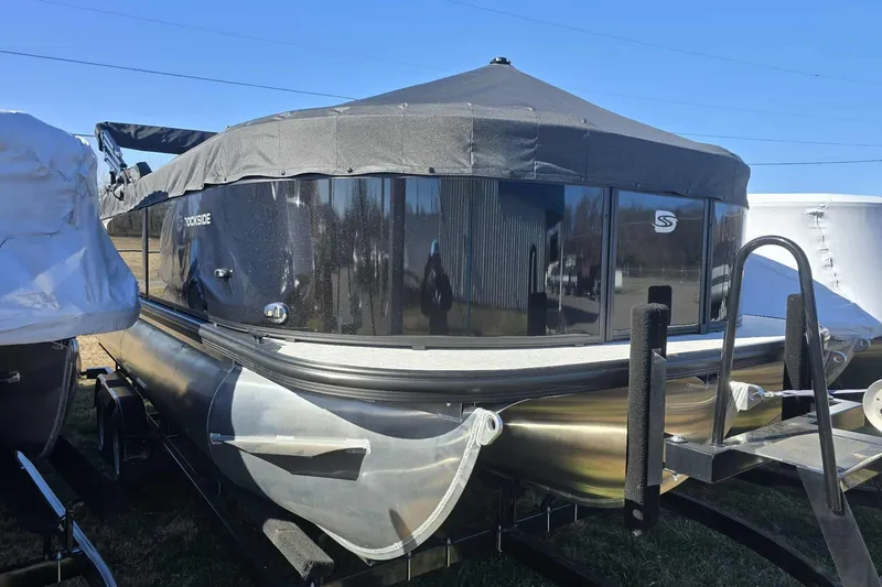 The Image of 2026 Dockside 22DQ17.5 pontoon boat with cover, parked on trailer. - 0