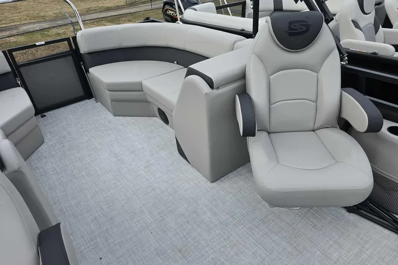 Slide: The Image of Luxurious 2026 Dockside boat interior with plush gray seating and modern design. - 12