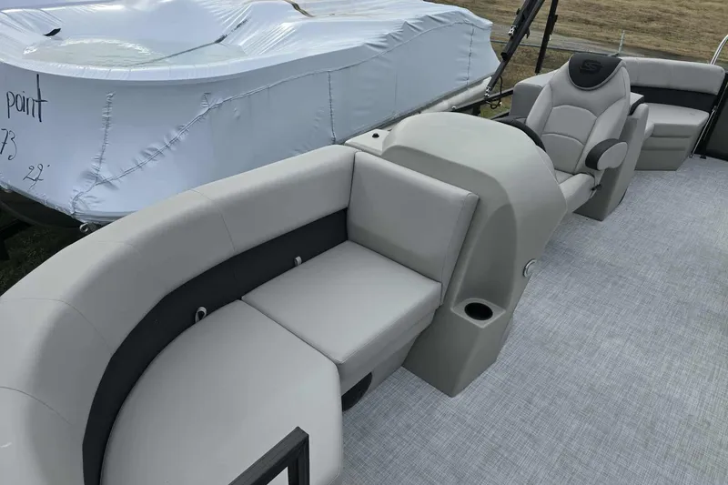 Slide: The Image of Modern Dockside boat interior with gray seating, 2026 model. - 7