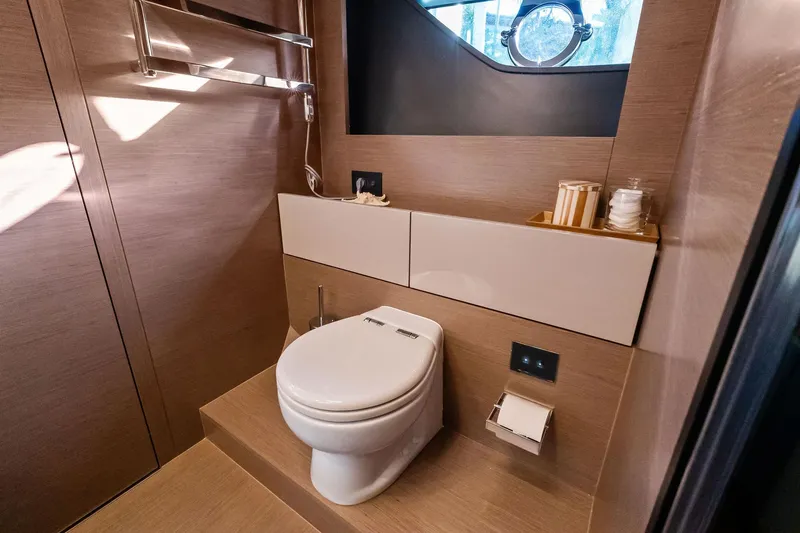 Slide: The Image of Luxurious bathroom in 2019 Ferretti Yachts 780, featuring modern fixtures and elegant design. - 59