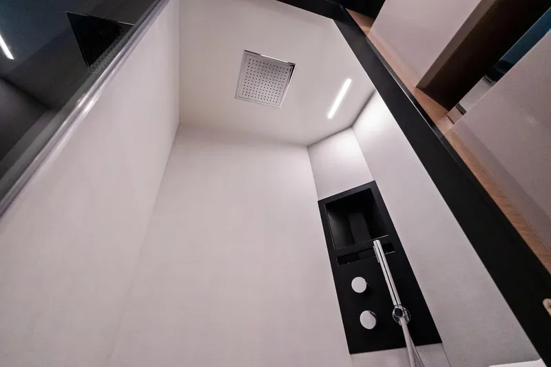 Slide: The Image of Modern shower interior on 2019 Ferretti Yachts 780, featuring sleek design and fixtures. - 60