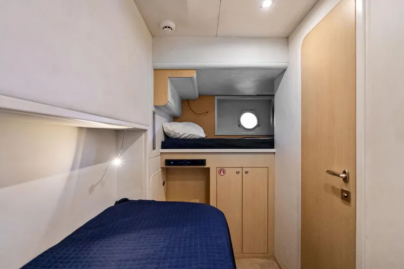 Slide: The Image of Luxurious cabin interior of 2019 Ferretti Yachts 780 with modern design and cozy bedding. - 63