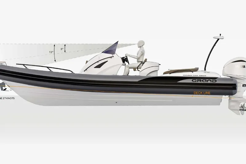 Slide: The Image of Grand Inflatables G850 boat 2025, side view with Yamaha engine. - 2
