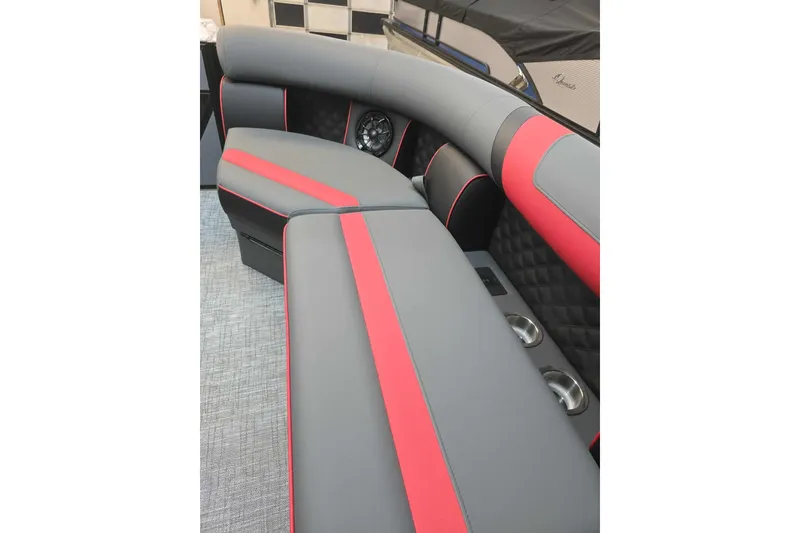 Slide: The Image of Luxurious seating in 2026 Trifecta SS 25RF boat with red and gray upholstery. - 23