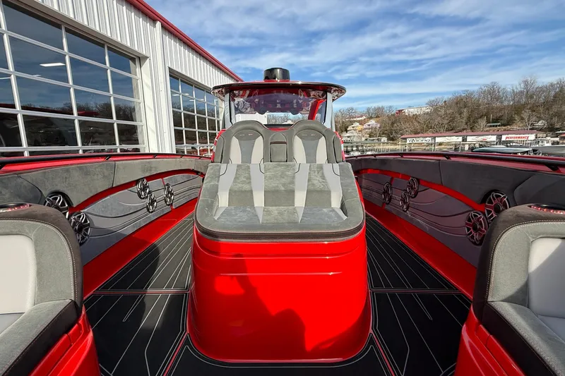 Slide: The Image of Red MTI 42V boat interior with sleek seating and modern design, 2020 model. - 10