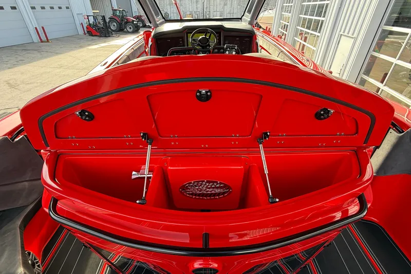 Slide: The Image of Red MTI 42V boat interior with open storage compartments, 2020 model. - 33