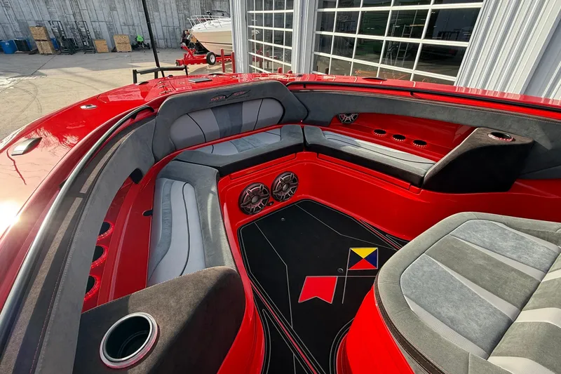Slide: The Image of Luxurious interior of a 2020 MTI 42V boat with red and gray seating. - 5