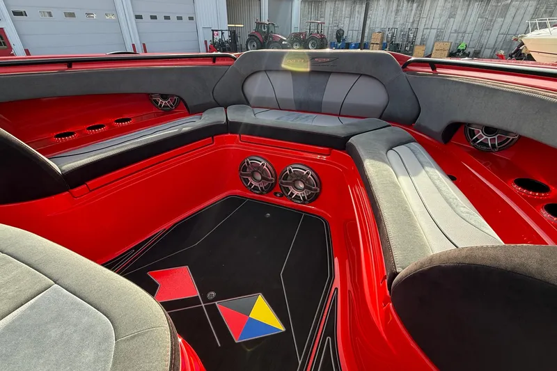 Slide: The Image of Luxurious interior of 2020 MTI 42V boat with red and gray seating, advanced audio system. - 8