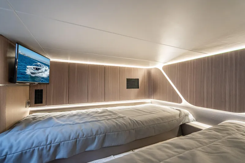 Slide: The Image of Luxurious cabin interior of 2023 Galeon 375 GTO yacht with modern design and TV. - 21