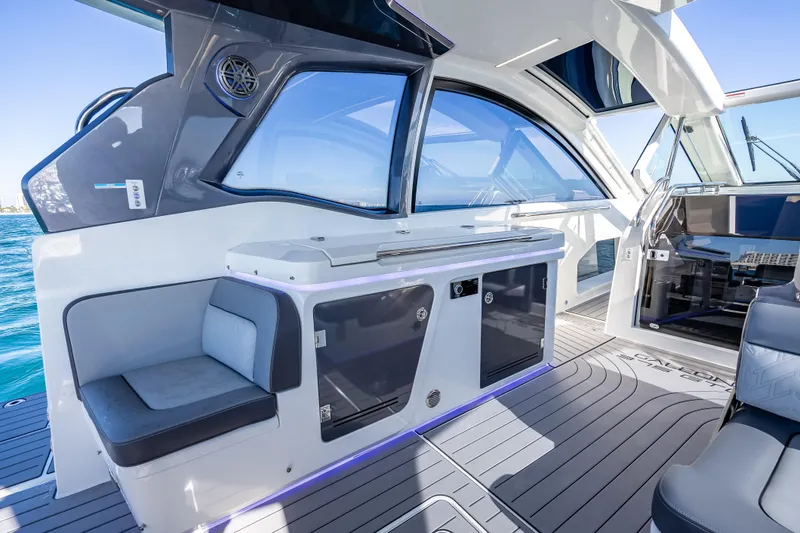 Slide: The Image of Luxurious interior of 2023 Galeon 375 GTO yacht with sleek seating and modern design. - 33