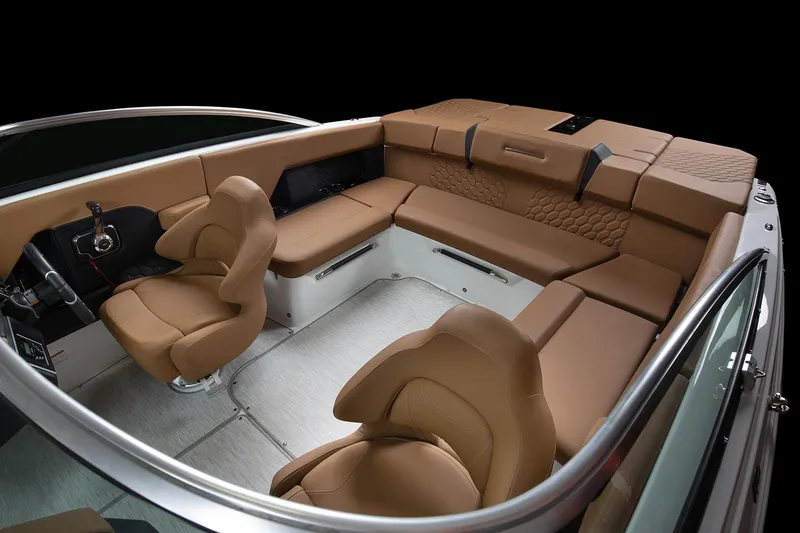 Slide: The Image of Manufacturer Provided Image: 2025 Four Winns H4 boat interior with luxurious brown seating and modern design. - 35