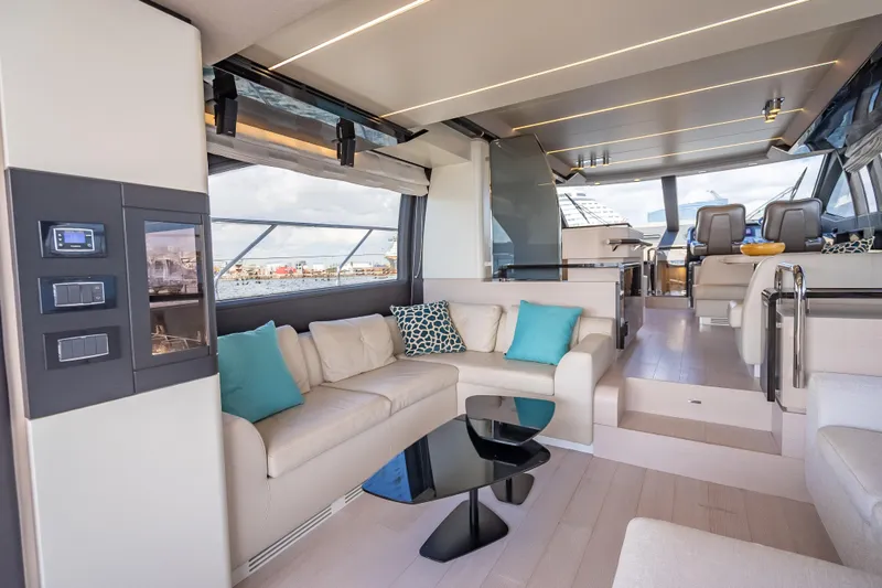 Slide: The Image of Luxurious interior of 2019 Azimut 66 yacht with modern seating and elegant decor. - 106