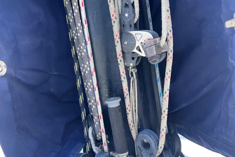 Slide: The Image of Ropes and pulleys on a 2009 Class 40 Open Antrim Design sailboat. - 18