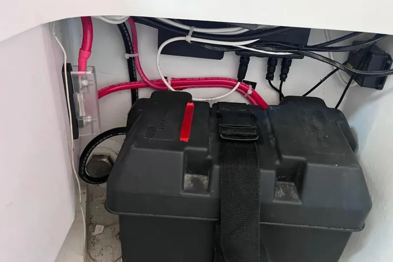 Slide: The Image of Battery compartment of 2009 Class 40 Open Class 40 Antrim Design with wiring and cables. - 44