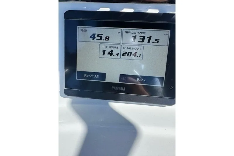 Slide: The Image of Yamaha display showing trip data: 45.8 gallons used, 131.5 miles distance, 2023 Pathfinder 2500 Hybrid. - 11