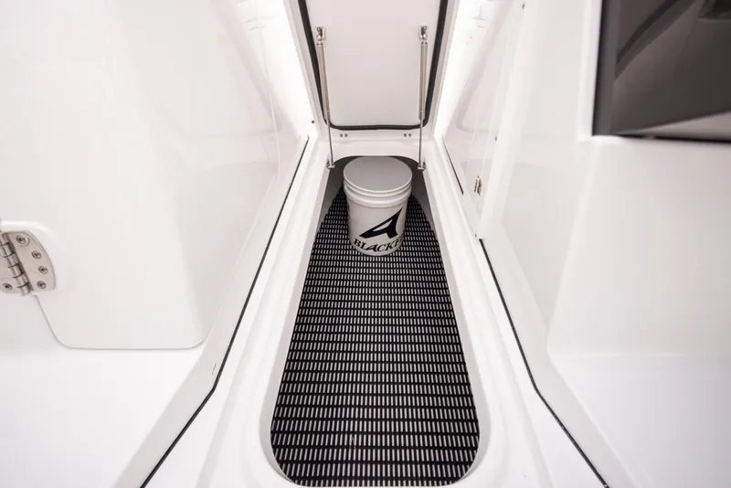 Slide: The Image of 2024 Blackfin 232DC boat storage area with Blackfin bucket on non-slip mat. - 28