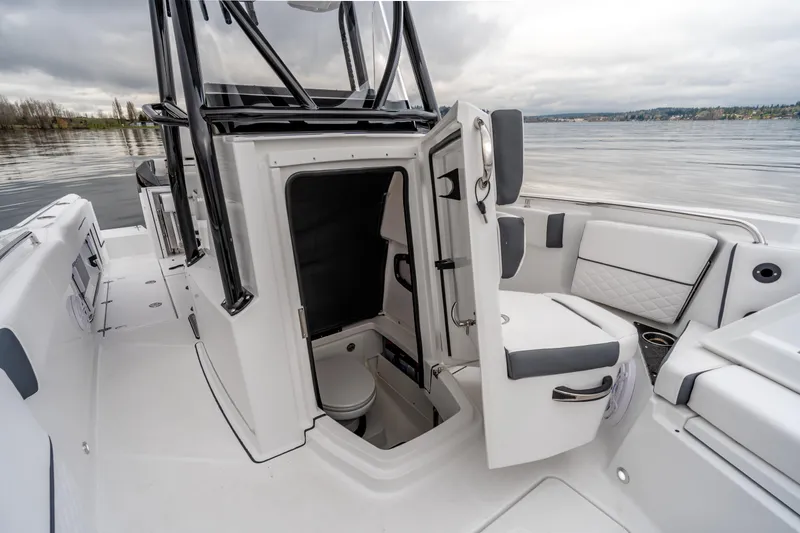 Slide: The Image of 2023 Blackfin 252 CC boat interior with open cabin door and seating area. - 19