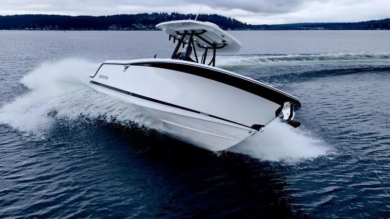 Slide: The Image of 2023 Blackfin 252 CC boat cruising on a lake with a scenic backdrop. - 31