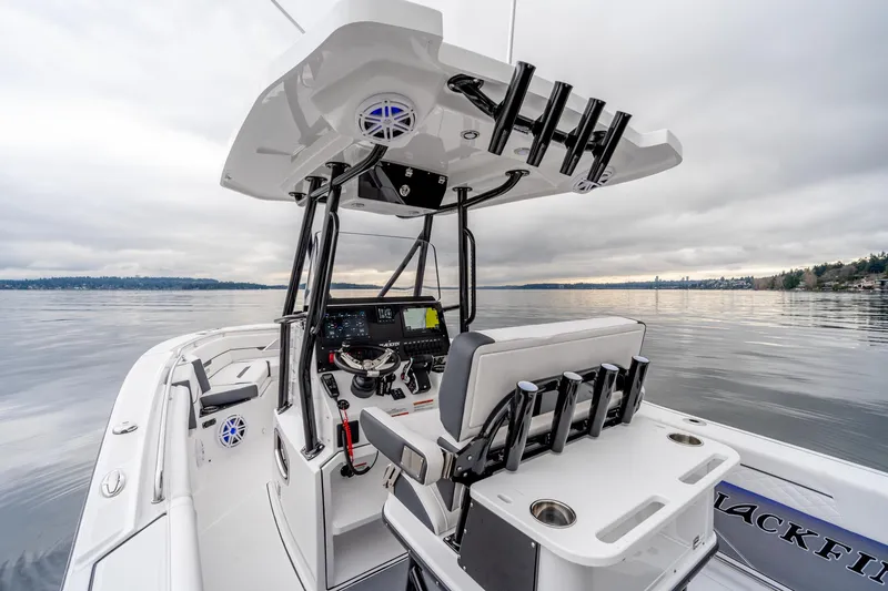 Slide: The Image of 2023 Blackfin 252 CC boat interior with advanced navigation system on calm waters. - 7