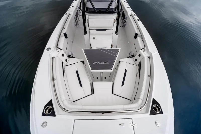 Slide: The Image of 2023 Blackfin 252 CC boat interior with seating and table on calm water. - 9