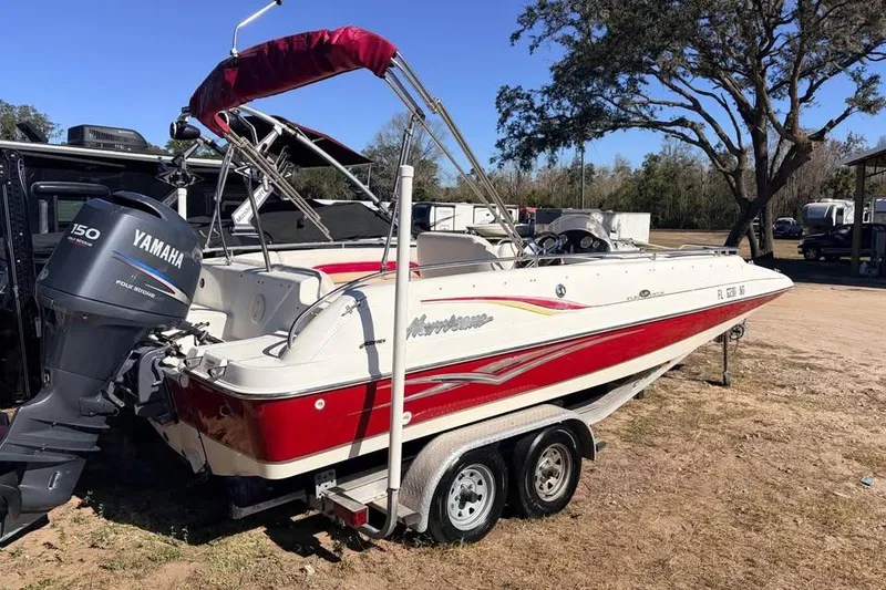 Slide: The Image of 2007 Hurricane FunDeck GS 201 OB boat with Yamaha outboard motor on trailer. - 3