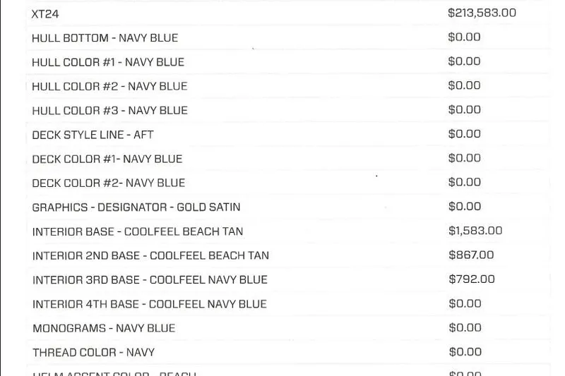 Slide: The Image of 2026 MasterCraft XT24 boat specifications and pricing details, featuring navy blue and coolfeel beach tan interior. - 14