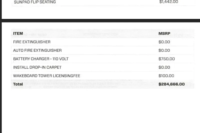 Slide: The Image of 2026 MasterCraft XT24 pricing details with itemized costs and total MSRP of $284,666. - 16